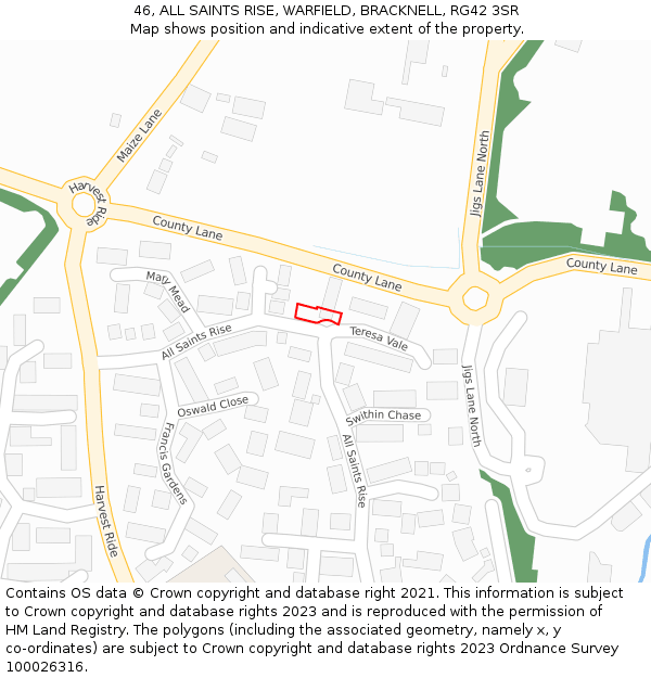 46, ALL SAINTS RISE, WARFIELD, BRACKNELL, RG42 3SR: Location map and indicative extent of plot