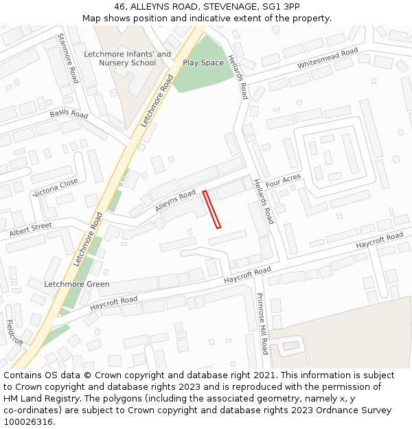 46, ALLEYNS ROAD, STEVENAGE, SG1 3PP: Location map and indicative extent of plot