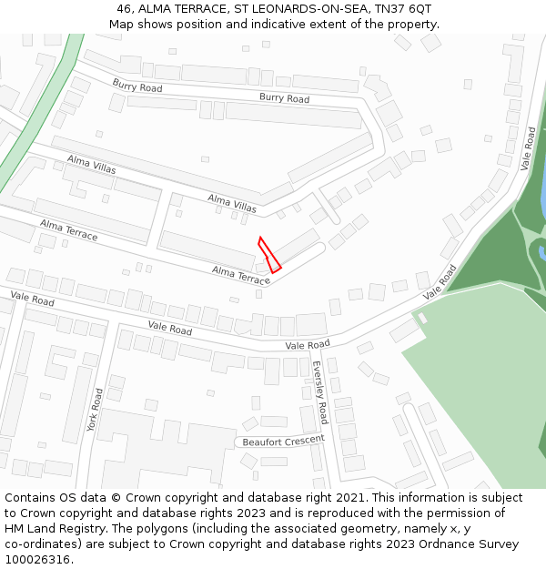 46, ALMA TERRACE, ST LEONARDS-ON-SEA, TN37 6QT: Location map and indicative extent of plot
