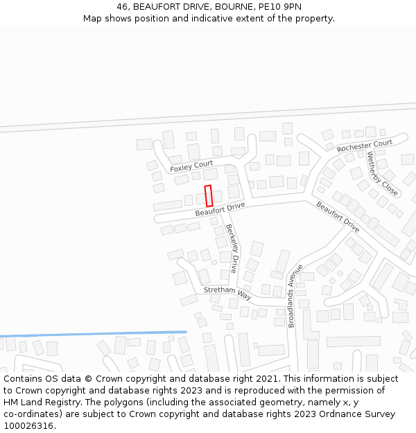 46, BEAUFORT DRIVE, BOURNE, PE10 9PN: Location map and indicative extent of plot