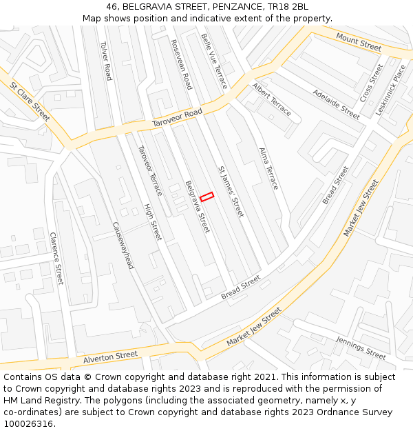 46, BELGRAVIA STREET, PENZANCE, TR18 2BL: Location map and indicative extent of plot
