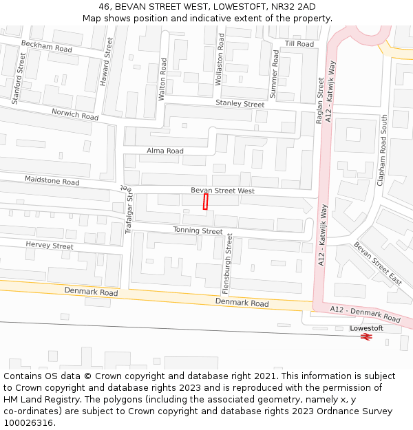46, BEVAN STREET WEST, LOWESTOFT, NR32 2AD: Location map and indicative extent of plot