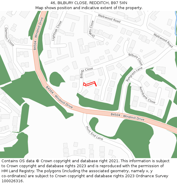 46, BILBURY CLOSE, REDDITCH, B97 5XN: Location map and indicative extent of plot