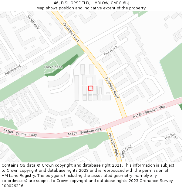 46, BISHOPSFIELD, HARLOW, CM18 6UJ: Location map and indicative extent of plot