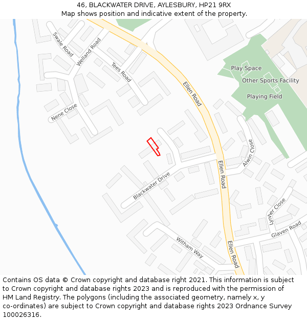 46, BLACKWATER DRIVE, AYLESBURY, HP21 9RX: Location map and indicative extent of plot