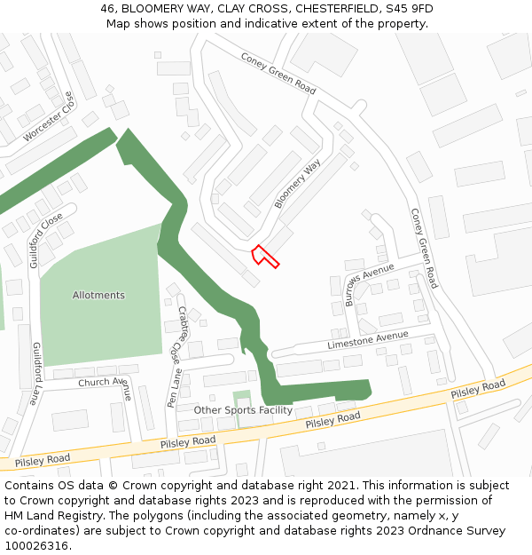 46, BLOOMERY WAY, CLAY CROSS, CHESTERFIELD, S45 9FD: Location map and indicative extent of plot