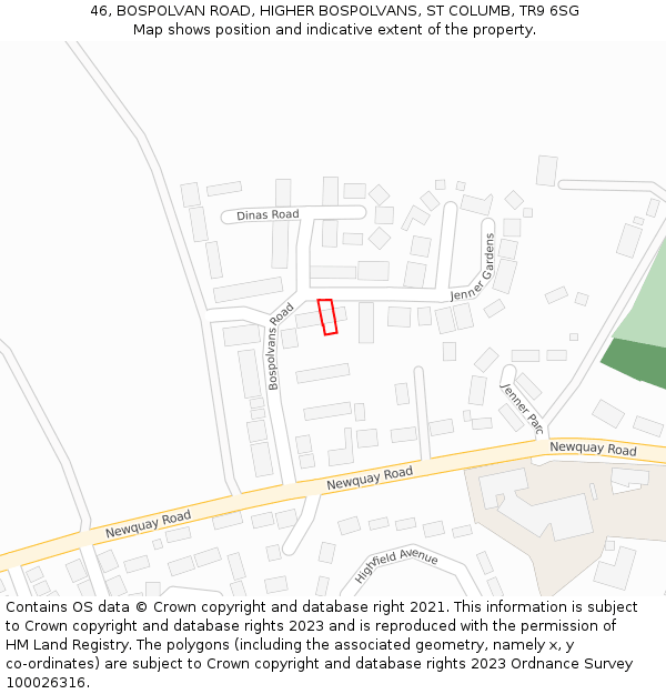 46, BOSPOLVAN ROAD, HIGHER BOSPOLVANS, ST COLUMB, TR9 6SG: Location map and indicative extent of plot