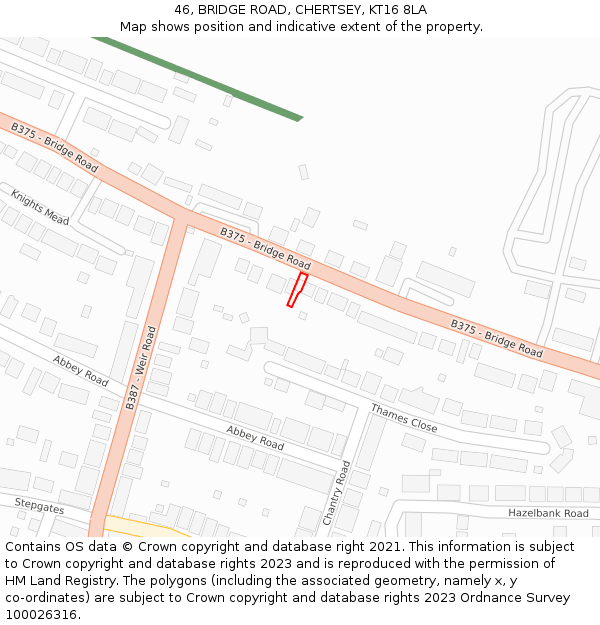 46, BRIDGE ROAD, CHERTSEY, KT16 8LA: Location map and indicative extent of plot