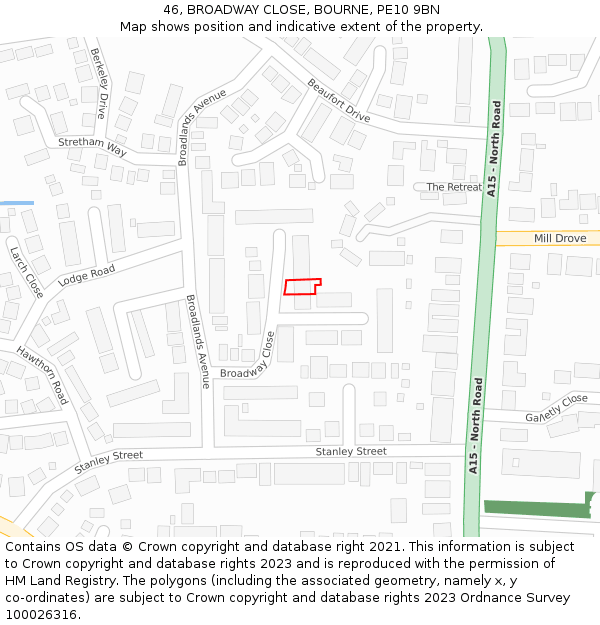 46, BROADWAY CLOSE, BOURNE, PE10 9BN: Location map and indicative extent of plot