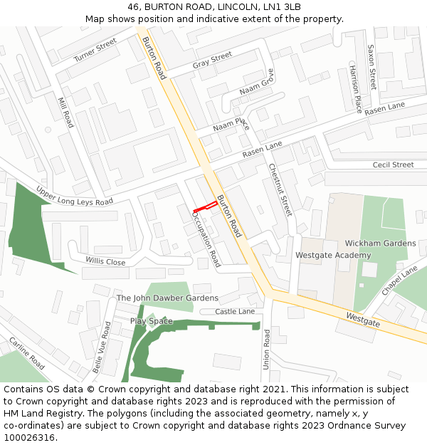 46, BURTON ROAD, LINCOLN, LN1 3LB: Location map and indicative extent of plot