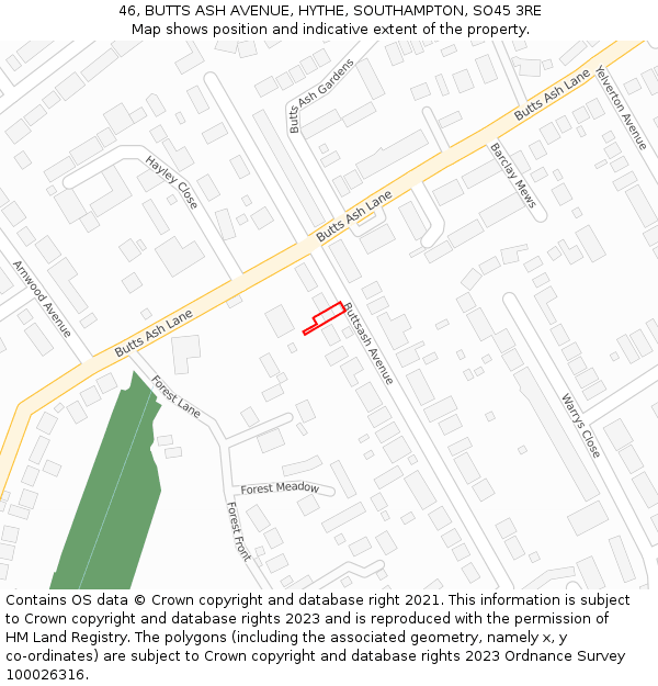 46, BUTTS ASH AVENUE, HYTHE, SOUTHAMPTON, SO45 3RE: Location map and indicative extent of plot