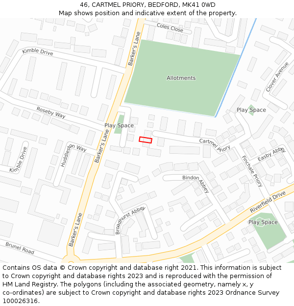 46, CARTMEL PRIORY, BEDFORD, MK41 0WD: Location map and indicative extent of plot