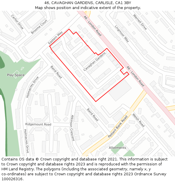 46, CAVAGHAN GARDENS, CARLISLE, CA1 3BY: Location map and indicative extent of plot