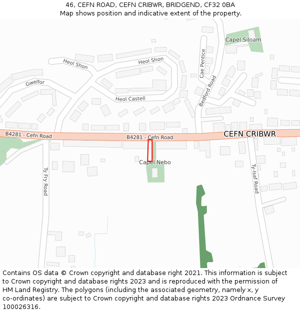 46, CEFN ROAD, CEFN CRIBWR, BRIDGEND, CF32 0BA: Location map and indicative extent of plot
