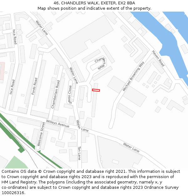 46, CHANDLERS WALK, EXETER, EX2 8BA: Location map and indicative extent of plot