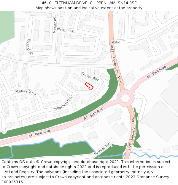 46, CHELTENHAM DRIVE, CHIPPENHAM, SN14 0SE: Location map and indicative extent of plot