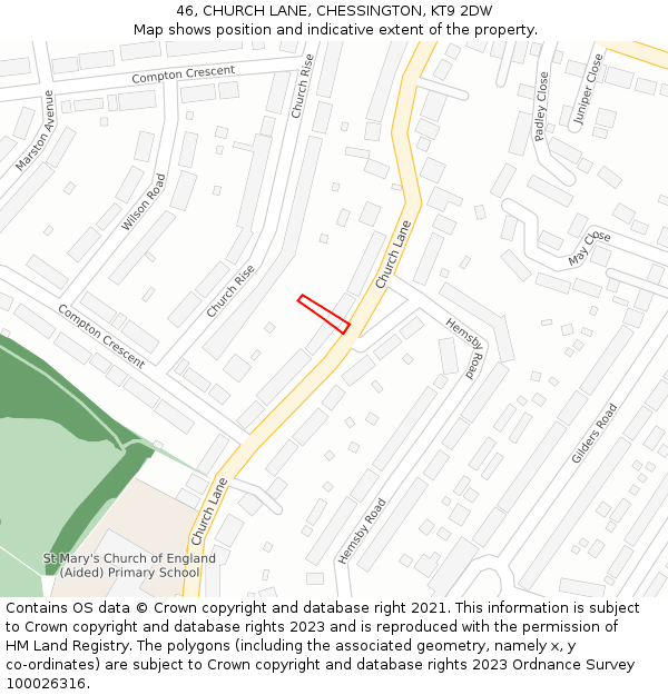 46, CHURCH LANE, CHESSINGTON, KT9 2DW: Location map and indicative extent of plot