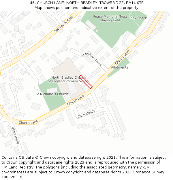 46, CHURCH LANE, NORTH BRADLEY, TROWBRIDGE, BA14 0TE: Location map and indicative extent of plot