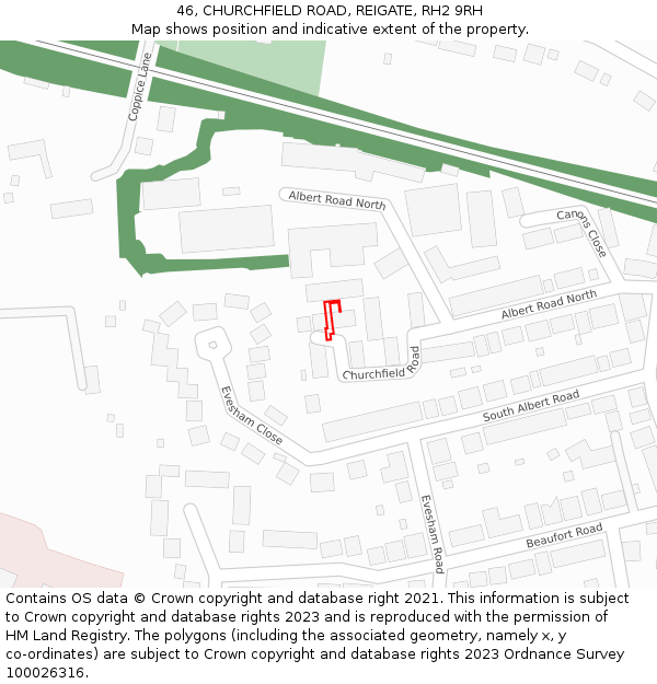 46, CHURCHFIELD ROAD, REIGATE, RH2 9RH: Location map and indicative extent of plot