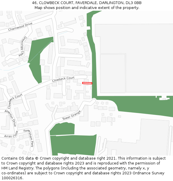 46, CLOWBECK COURT, FAVERDALE, DARLINGTON, DL3 0BB: Location map and indicative extent of plot