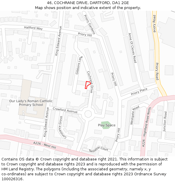 46, COCHRANE DRIVE, DARTFORD, DA1 2GE: Location map and indicative extent of plot