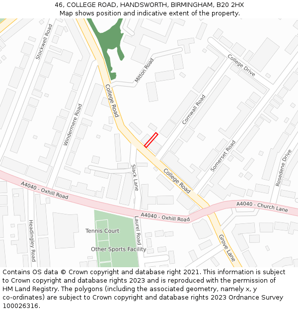 46, COLLEGE ROAD, HANDSWORTH, BIRMINGHAM, B20 2HX: Location map and indicative extent of plot