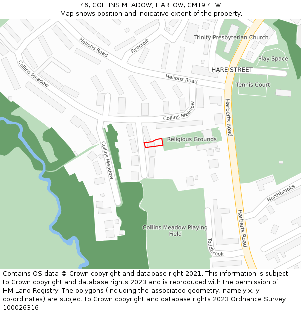 46, COLLINS MEADOW, HARLOW, CM19 4EW: Location map and indicative extent of plot