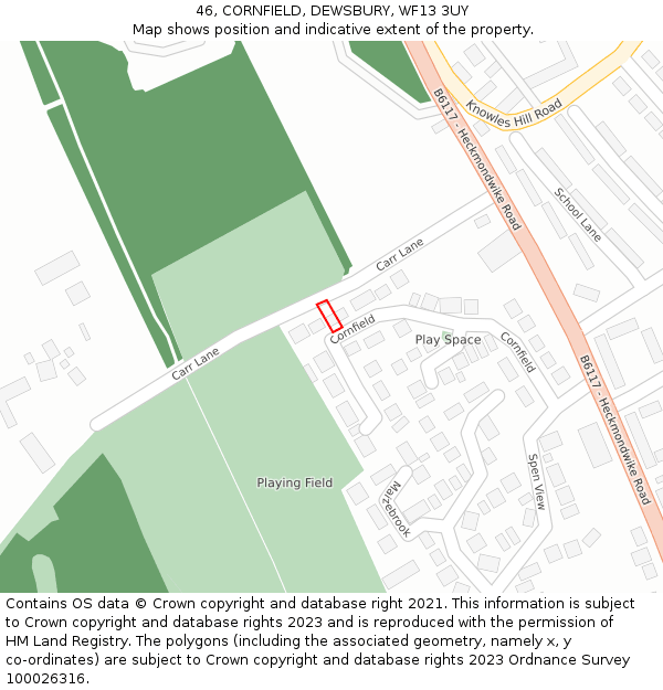 46, CORNFIELD, DEWSBURY, WF13 3UY: Location map and indicative extent of plot