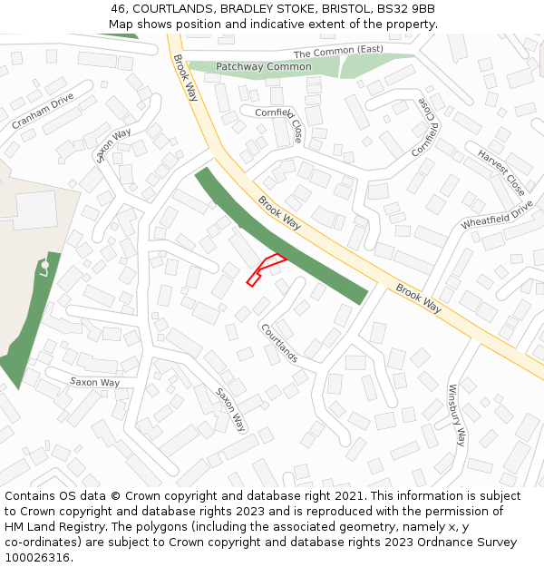 46, COURTLANDS, BRADLEY STOKE, BRISTOL, BS32 9BB: Location map and indicative extent of plot