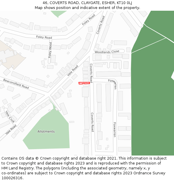 46, COVERTS ROAD, CLAYGATE, ESHER, KT10 0LJ: Location map and indicative extent of plot