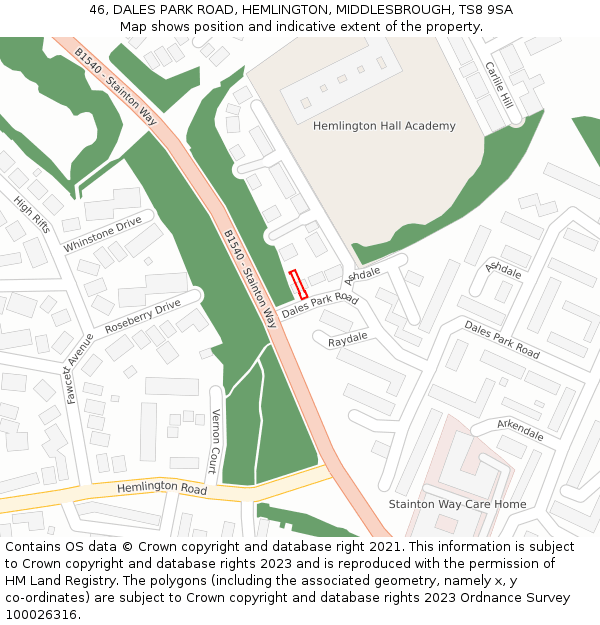 46, DALES PARK ROAD, HEMLINGTON, MIDDLESBROUGH, TS8 9SA: Location map and indicative extent of plot