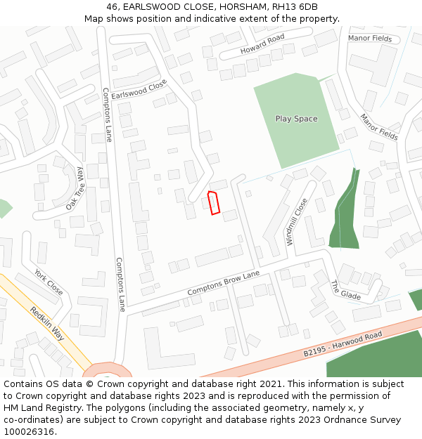 46, EARLSWOOD CLOSE, HORSHAM, RH13 6DB: Location map and indicative extent of plot
