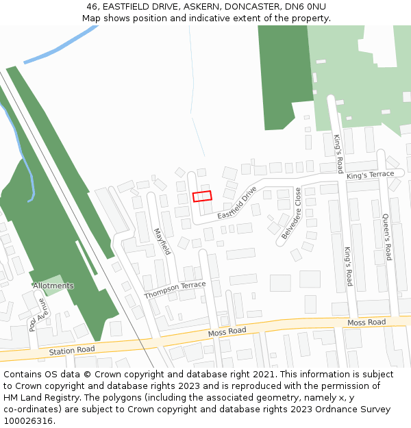 46, EASTFIELD DRIVE, ASKERN, DONCASTER, DN6 0NU: Location map and indicative extent of plot
