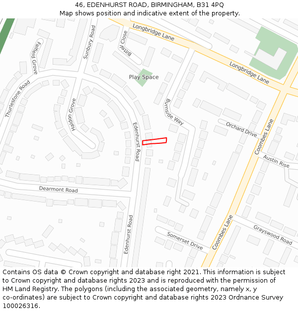 46, EDENHURST ROAD, BIRMINGHAM, B31 4PQ: Location map and indicative extent of plot