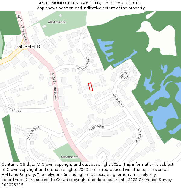 46, EDMUND GREEN, GOSFIELD, HALSTEAD, CO9 1UF: Location map and indicative extent of plot