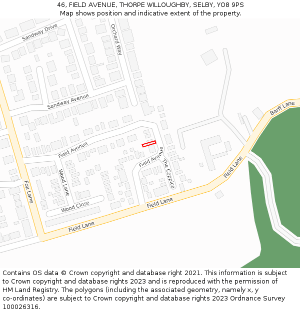 46, FIELD AVENUE, THORPE WILLOUGHBY, SELBY, YO8 9PS: Location map and indicative extent of plot