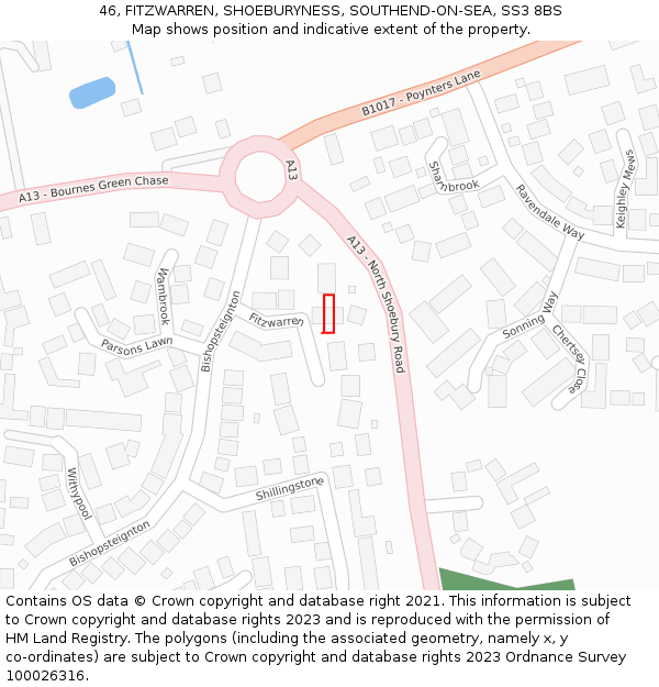 46, FITZWARREN, SHOEBURYNESS, SOUTHEND-ON-SEA, SS3 8BS: Location map and indicative extent of plot