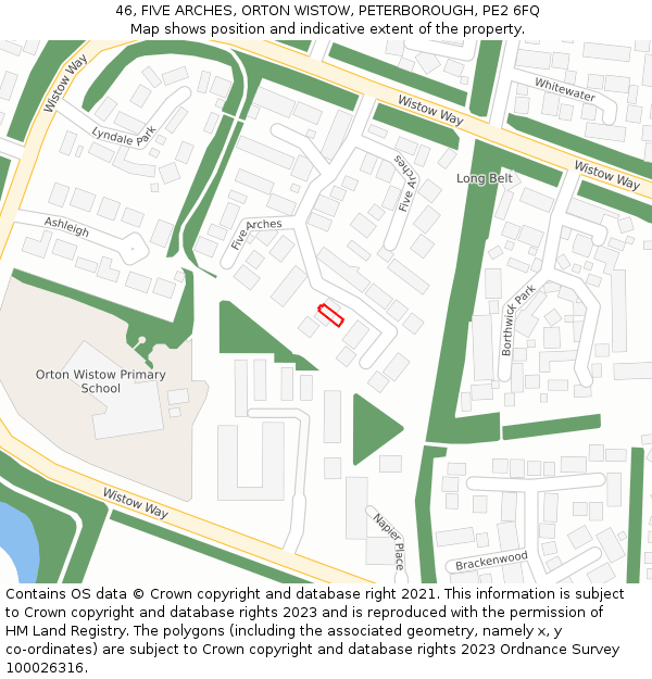 46, FIVE ARCHES, ORTON WISTOW, PETERBOROUGH, PE2 6FQ: Location map and indicative extent of plot