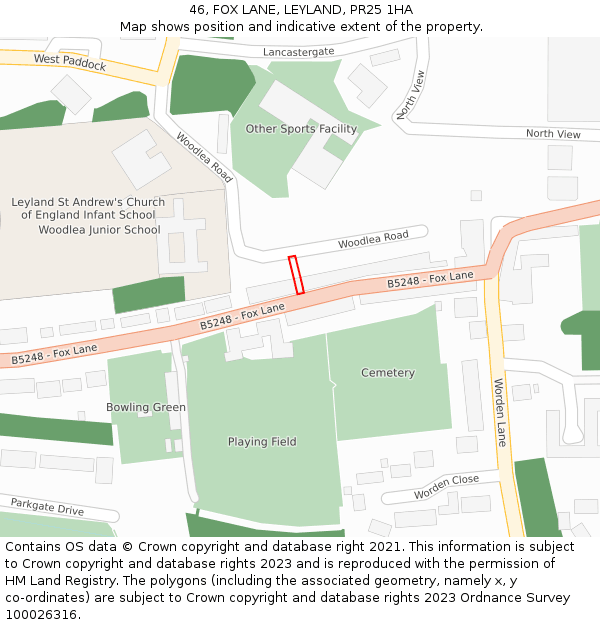 46, FOX LANE, LEYLAND, PR25 1HA: Location map and indicative extent of plot