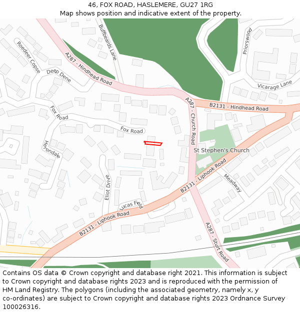 46, FOX ROAD, HASLEMERE, GU27 1RG: Location map and indicative extent of plot