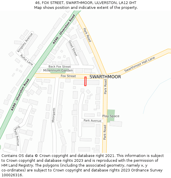 46, FOX STREET, SWARTHMOOR, ULVERSTON, LA12 0HT: Location map and indicative extent of plot