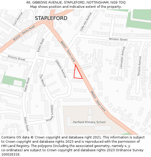 46, GIBBONS AVENUE, STAPLEFORD, NOTTINGHAM, NG9 7DQ: Location map and indicative extent of plot