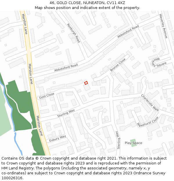 46, GOLD CLOSE, NUNEATON, CV11 4XZ: Location map and indicative extent of plot