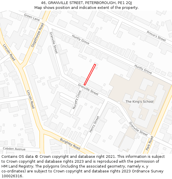 46, GRANVILLE STREET, PETERBOROUGH, PE1 2QJ: Location map and indicative extent of plot