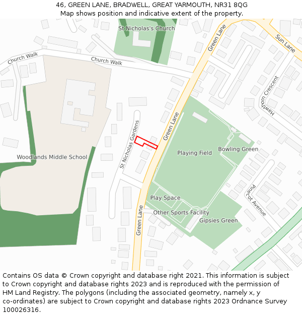 46, GREEN LANE, BRADWELL, GREAT YARMOUTH, NR31 8QG: Location map and indicative extent of plot