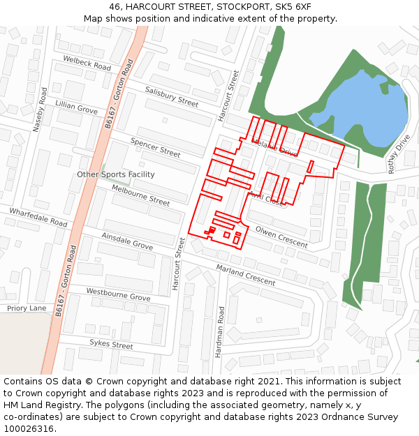 46, HARCOURT STREET, STOCKPORT, SK5 6XF: Location map and indicative extent of plot