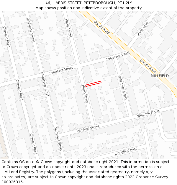 46, HARRIS STREET, PETERBOROUGH, PE1 2LY: Location map and indicative extent of plot