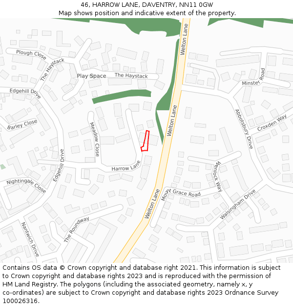 46, HARROW LANE, DAVENTRY, NN11 0GW: Location map and indicative extent of plot