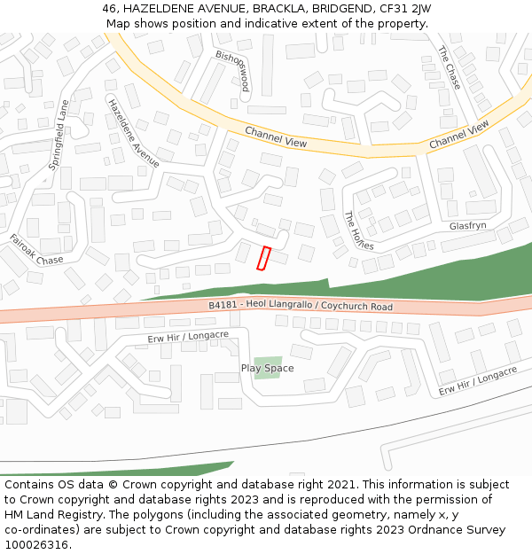 46, HAZELDENE AVENUE, BRACKLA, BRIDGEND, CF31 2JW: Location map and indicative extent of plot
