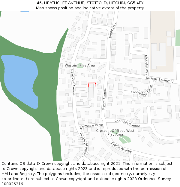 46, HEATHCLIFF AVENUE, STOTFOLD, HITCHIN, SG5 4EY: Location map and indicative extent of plot